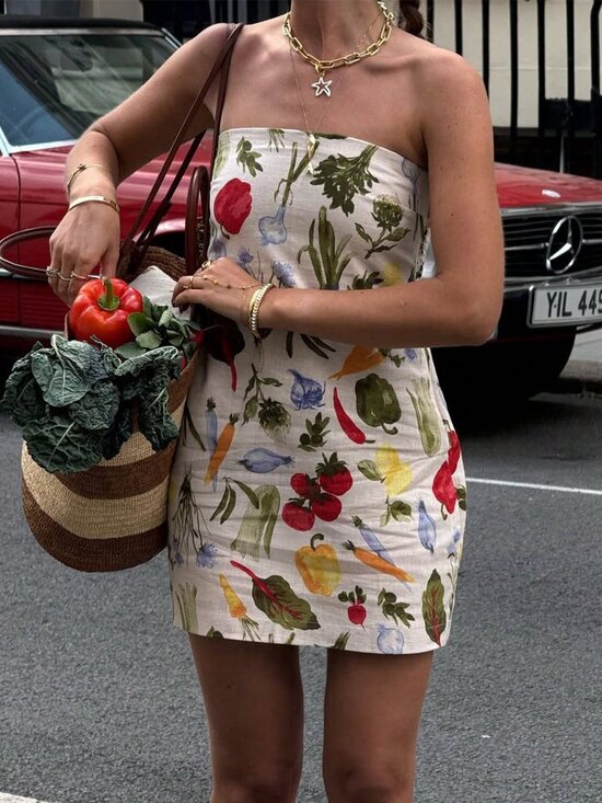 Dresses & Skirts - Apricot Women's Casual Short Strapless Mini Dress with Fruit & Vegetable Print